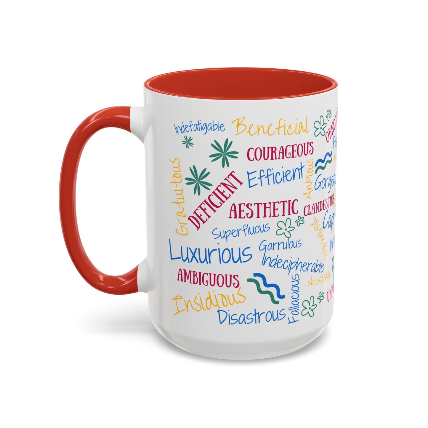 50 English Adjectives Learning Coffee Mug (11, 15oz), English vocabulary and spelling learning.