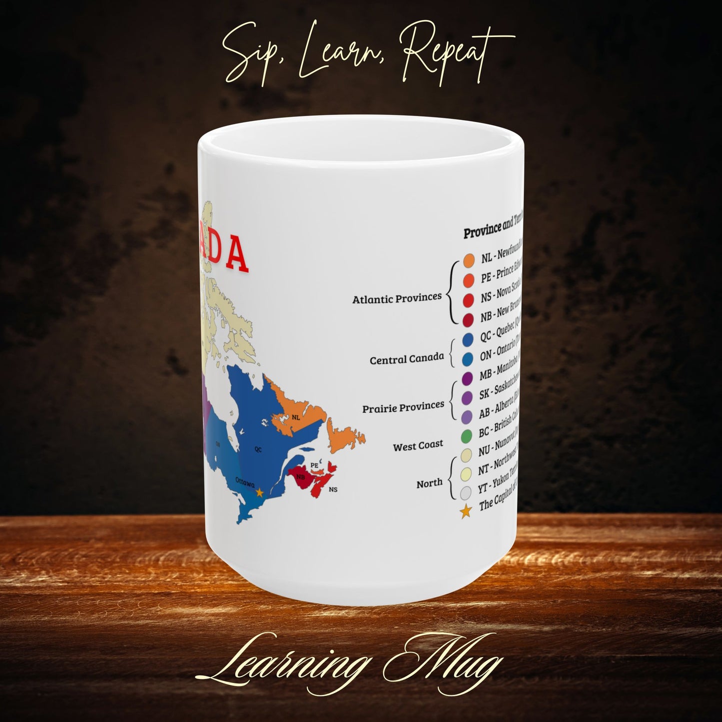 Canada's Provinces and Territories Ceramic Mug, Study Tool for Citizenship Test, Educational Coffee Mug, Canada Map Mug