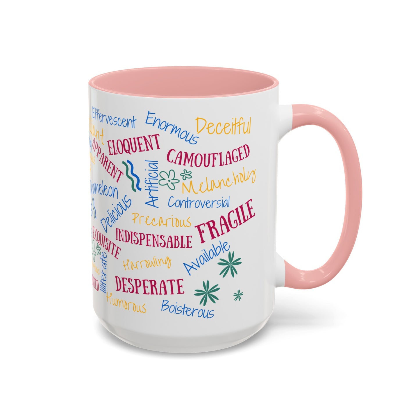 50 English Adjectives Learning Coffee Mug (11, 15oz), English vocabulary and spelling learning.