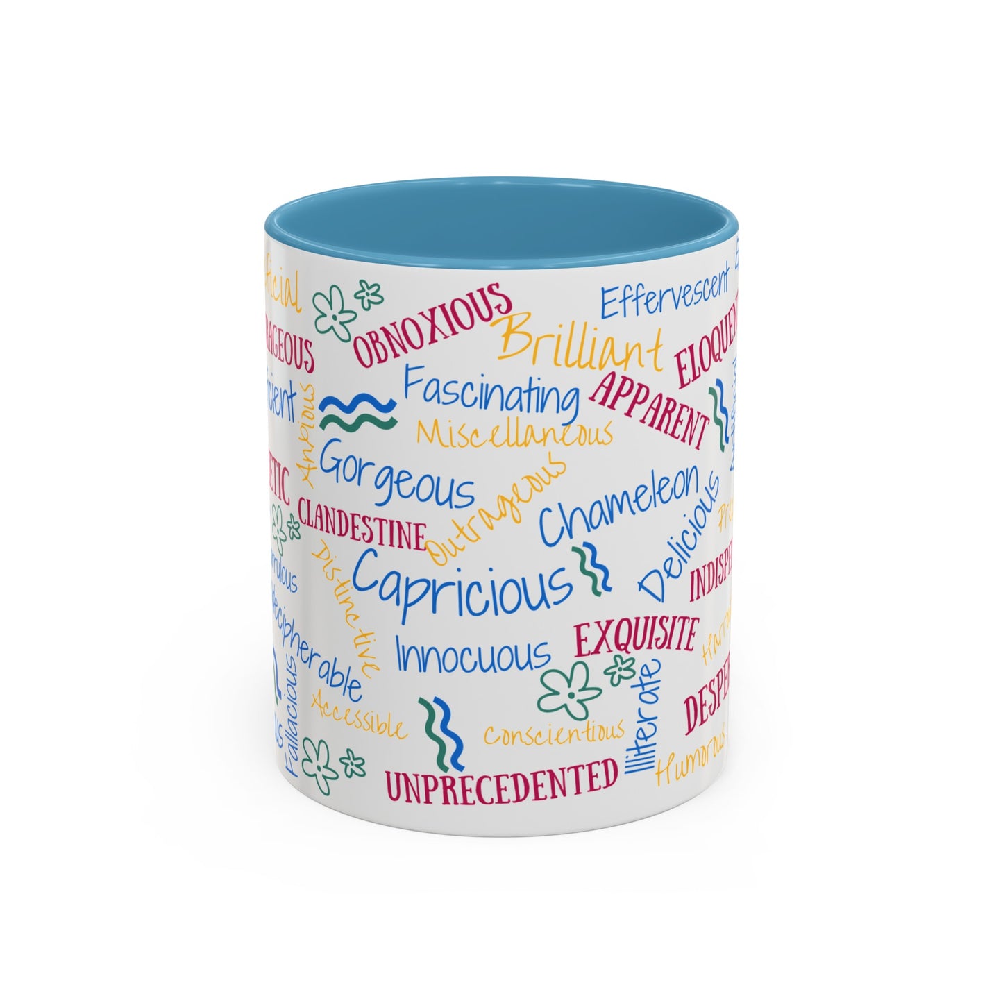 50 English Adjectives Learning Coffee Mug (11, 15oz), English vocabulary and spelling learning.