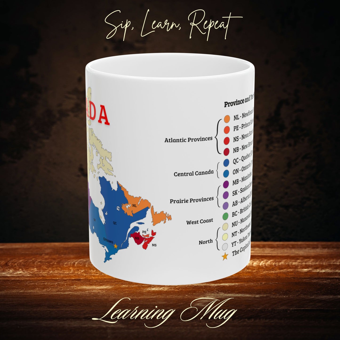 Canada's Provinces and Territories Ceramic Mug, Study Tool for Citizenship Test, Educational Coffee Mug, Canada Map Mug