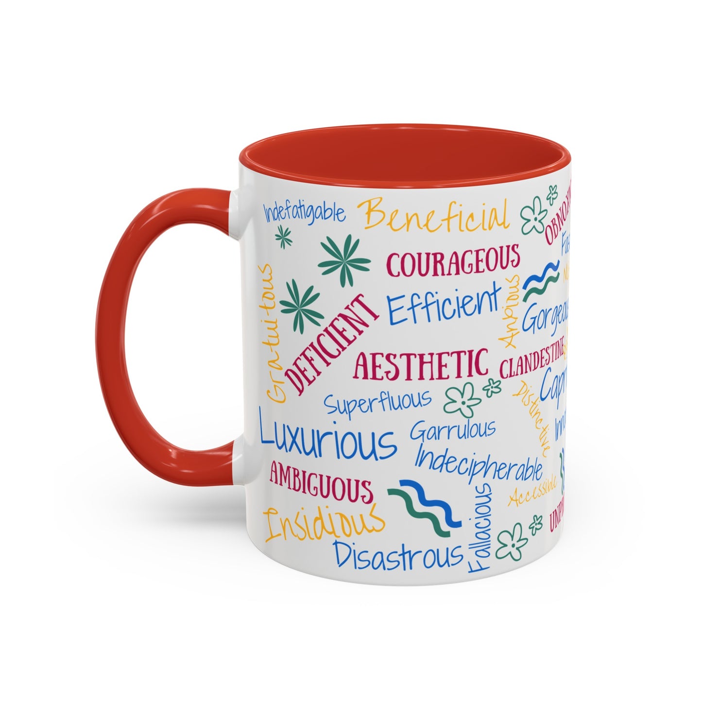 50 English Adjectives Learning Coffee Mug (11, 15oz), English vocabulary and spelling learning.
