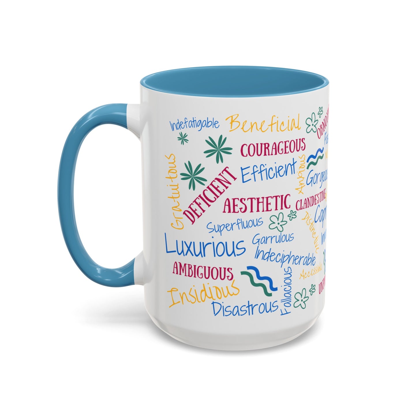 50 English Adjectives Learning Coffee Mug (11, 15oz), English vocabulary and spelling learning.