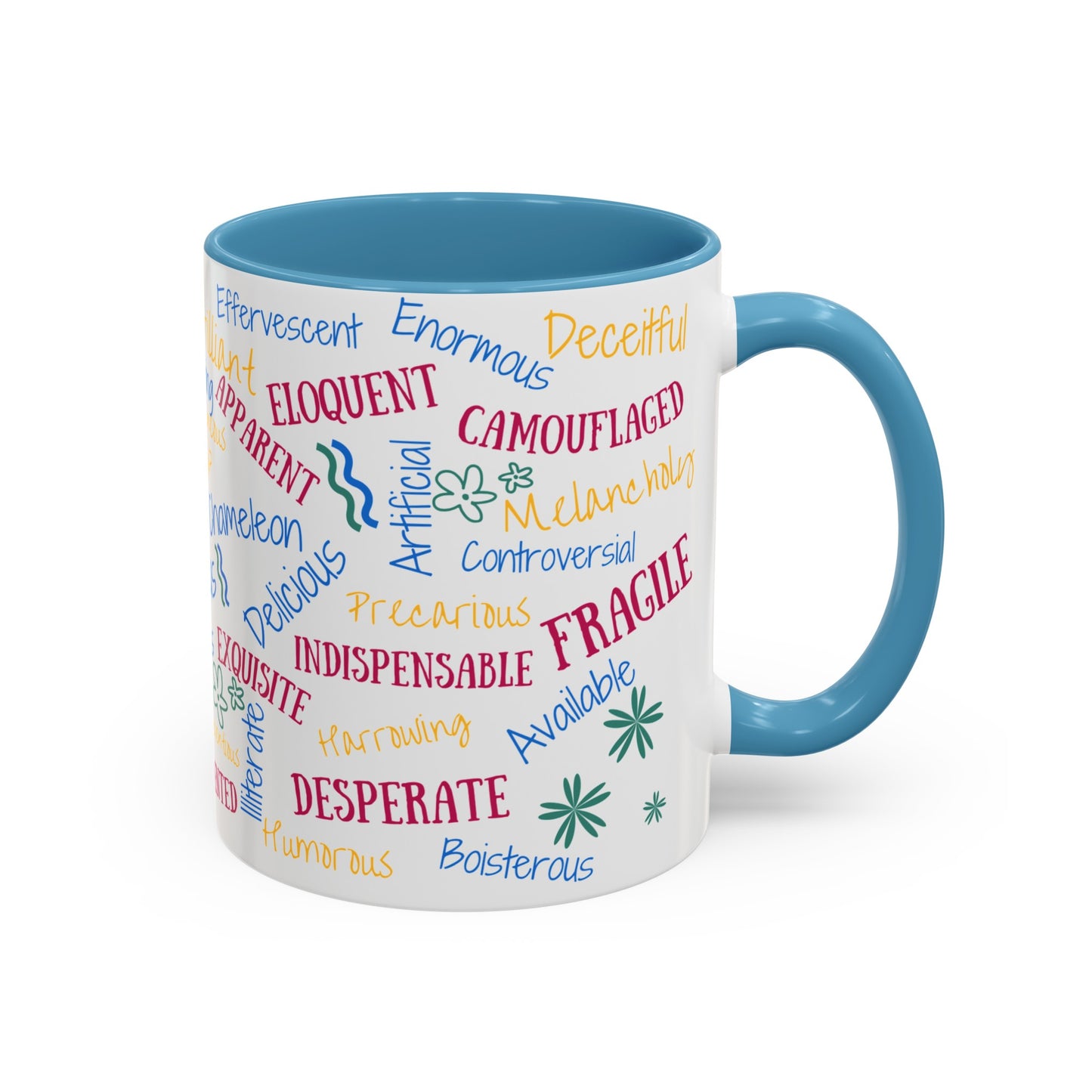 50 English Adjectives Learning Coffee Mug (11, 15oz), English vocabulary and spelling learning.