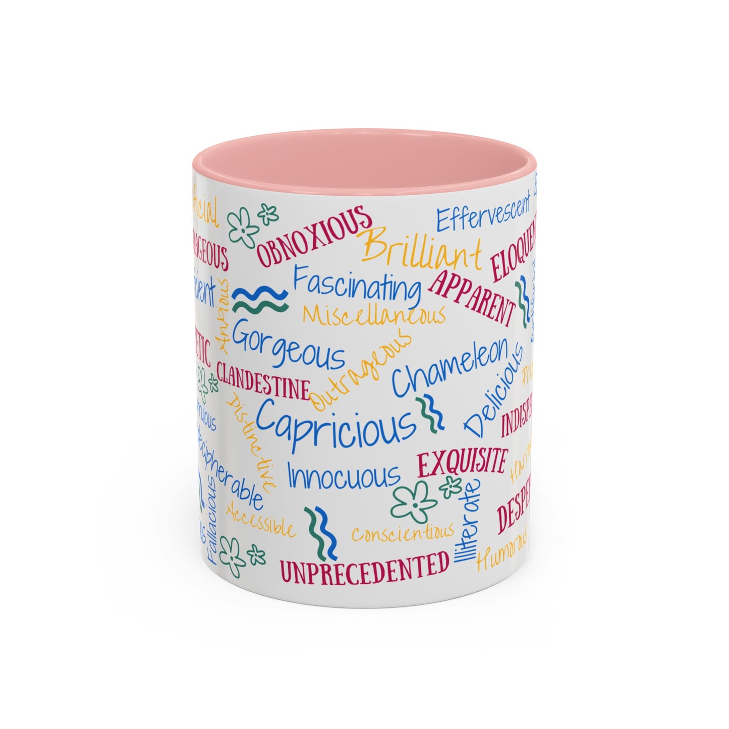 50 English Adjectives Learning Coffee Mug (11, 15oz), English vocabulary and spelling learning.