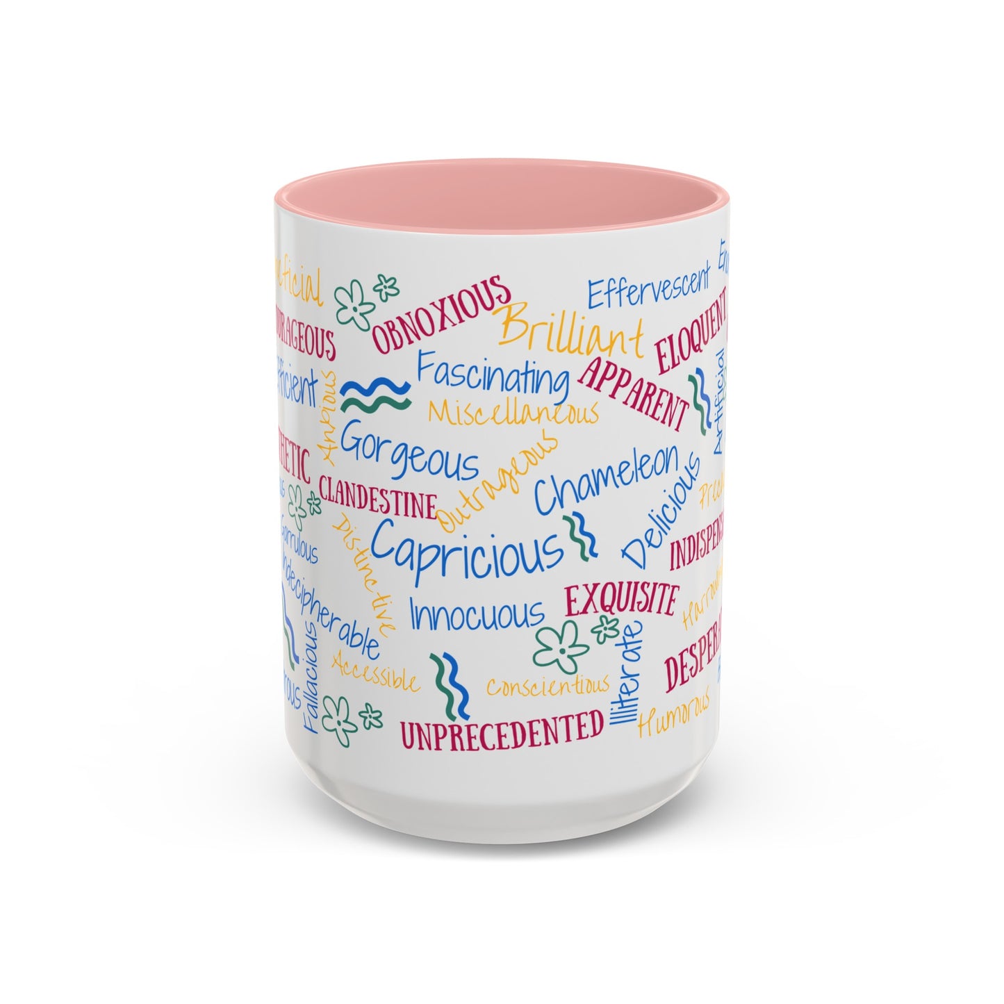 50 English Adjectives Learning Coffee Mug (11, 15oz), English vocabulary and spelling learning.