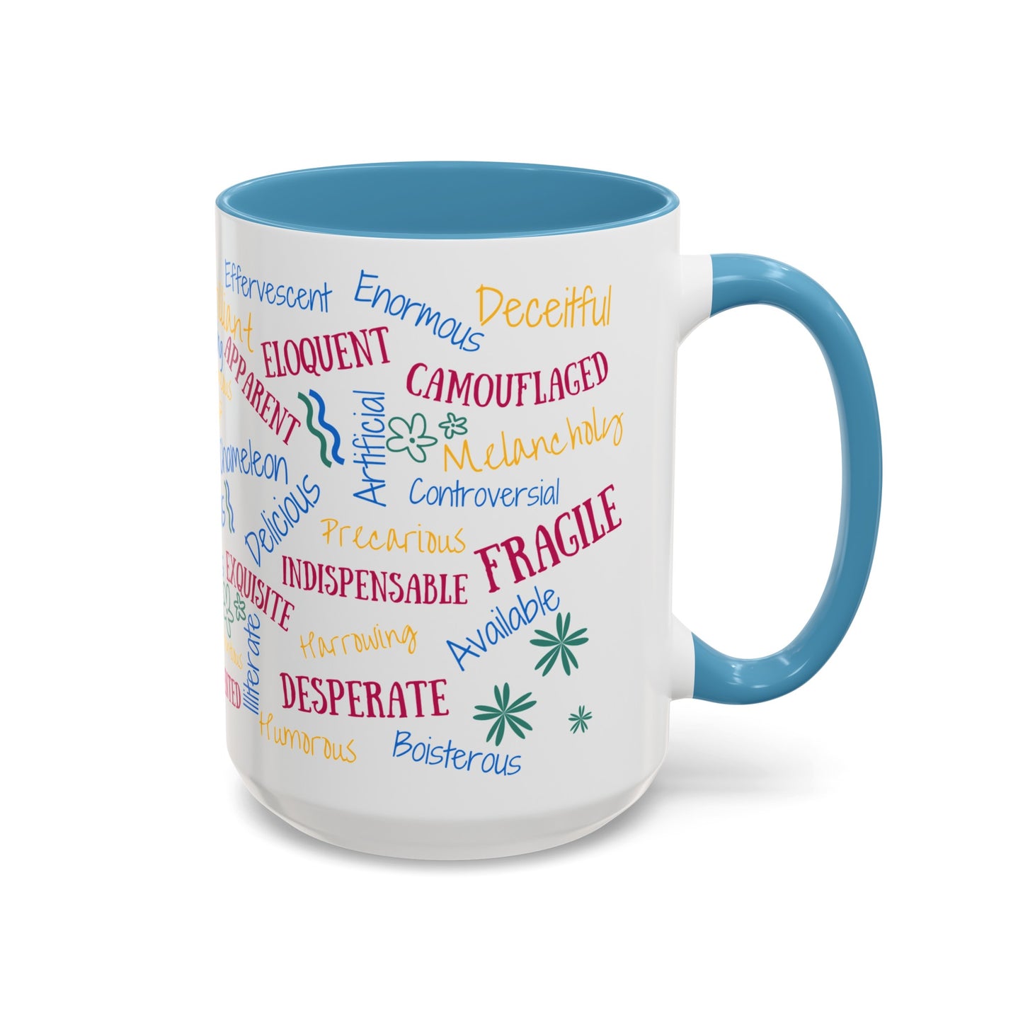 50 English Adjectives Learning Coffee Mug (11, 15oz), English vocabulary and spelling learning.