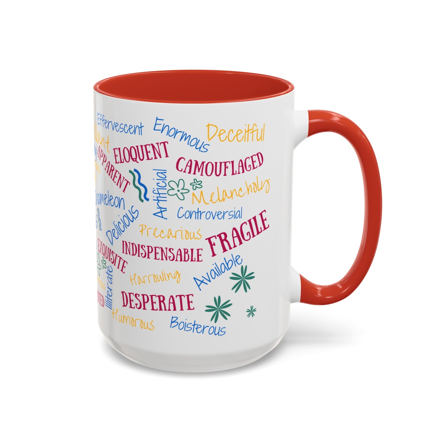 50 English Adjectives Learning Coffee Mug (11, 15oz), English vocabulary and spelling learning.