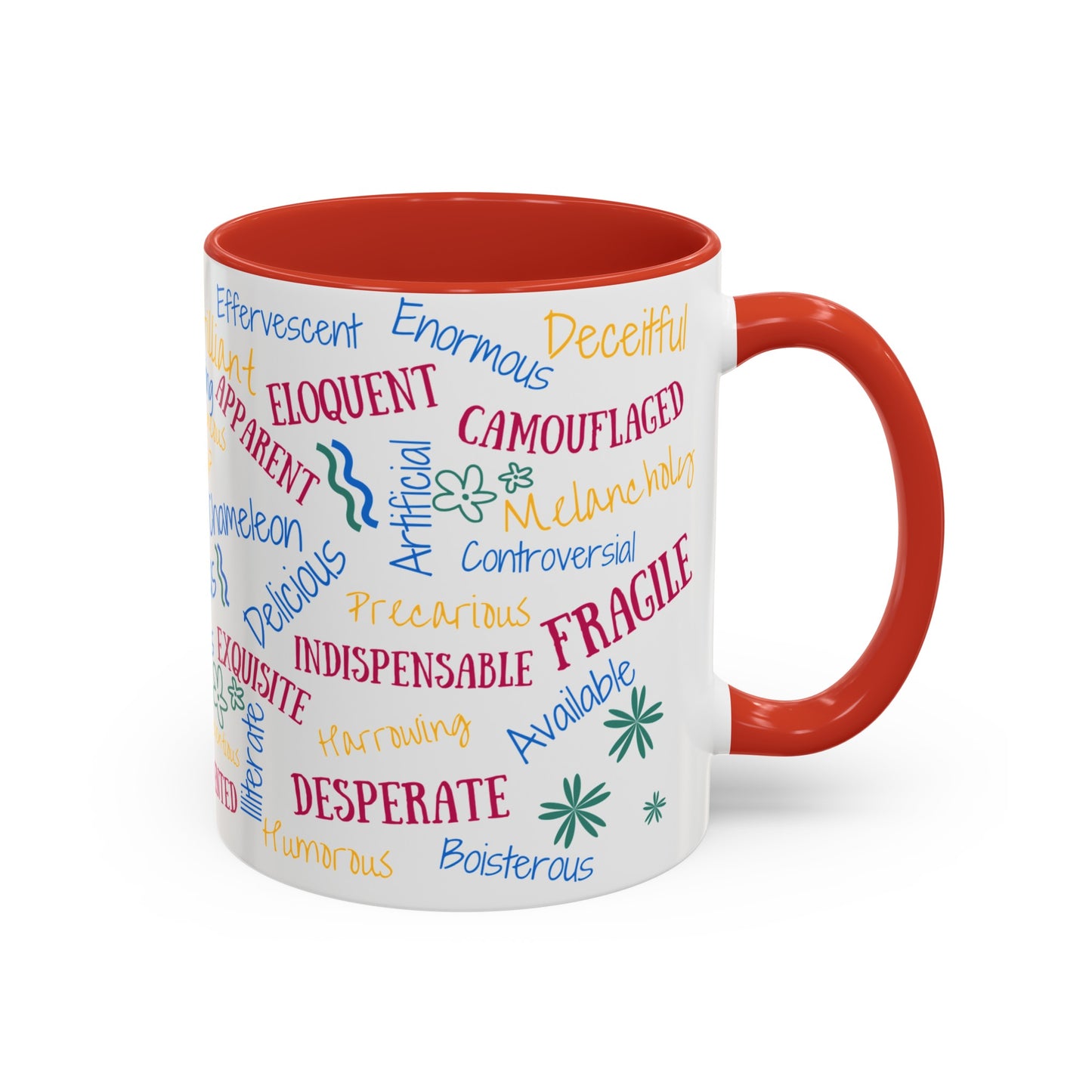 50 English Adjectives Learning Coffee Mug (11, 15oz), English vocabulary and spelling learning.