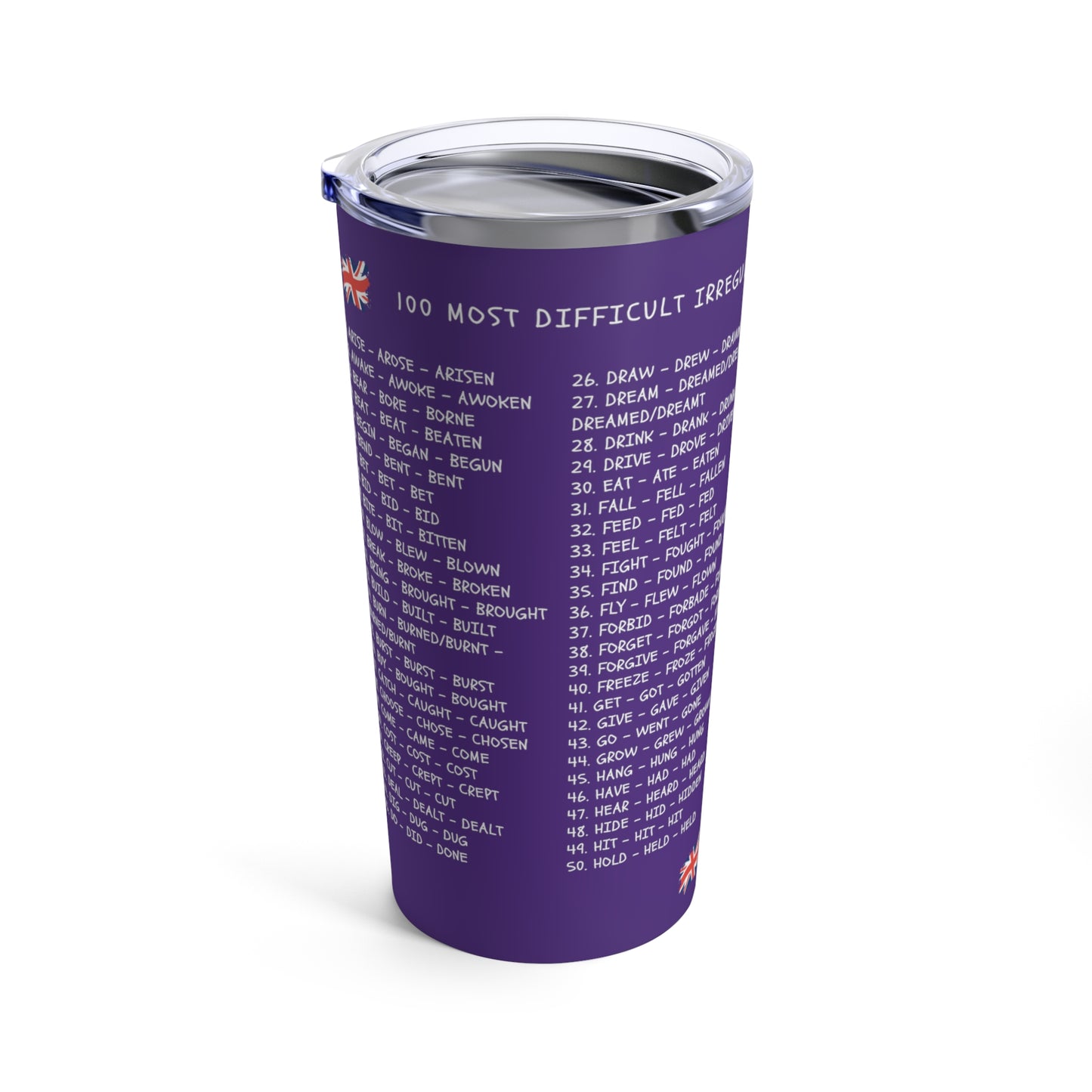 100 Most Difficult Irregular Verbs Learning Tumbler 20oz