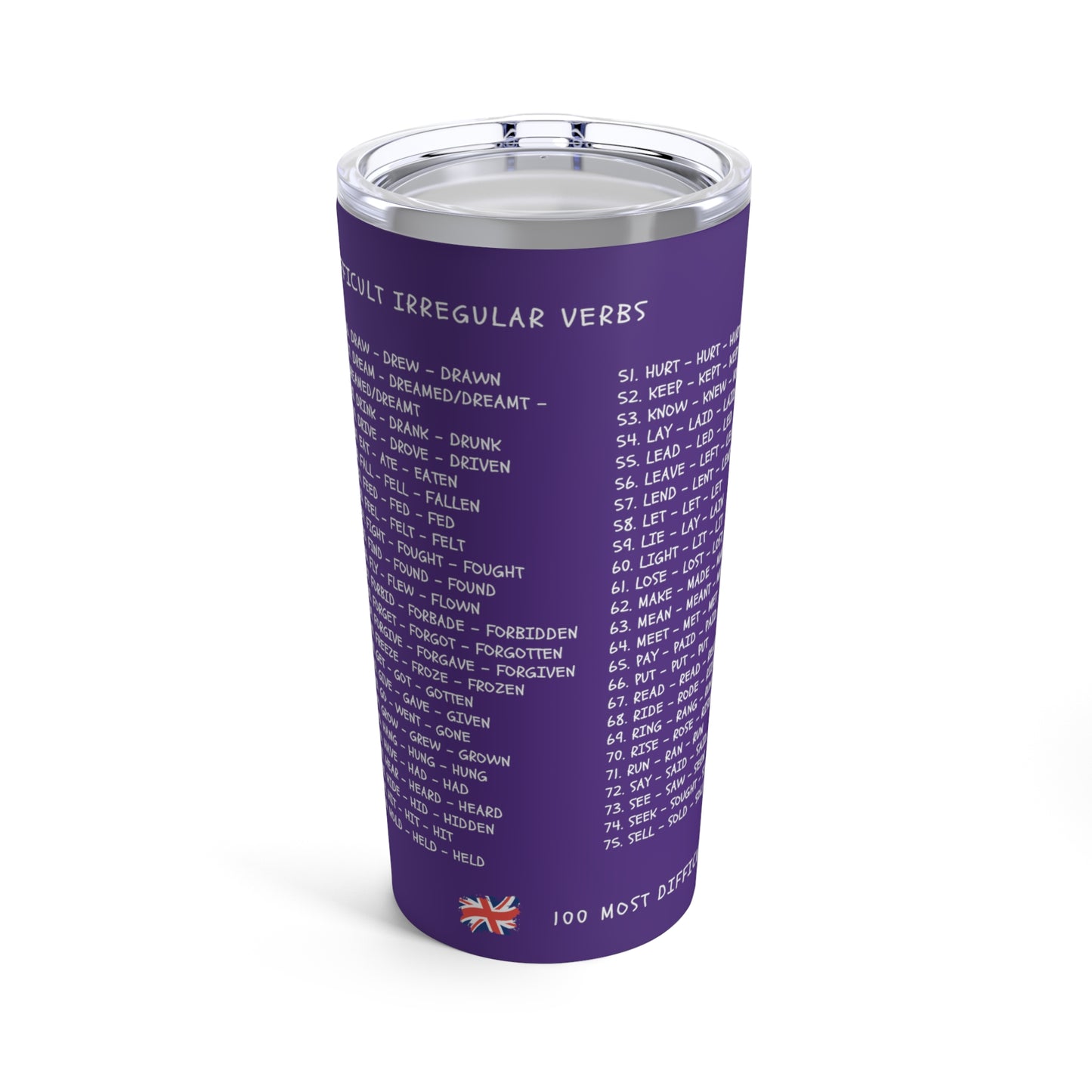 100 Most Difficult Irregular Verbs Learning Tumbler 20oz