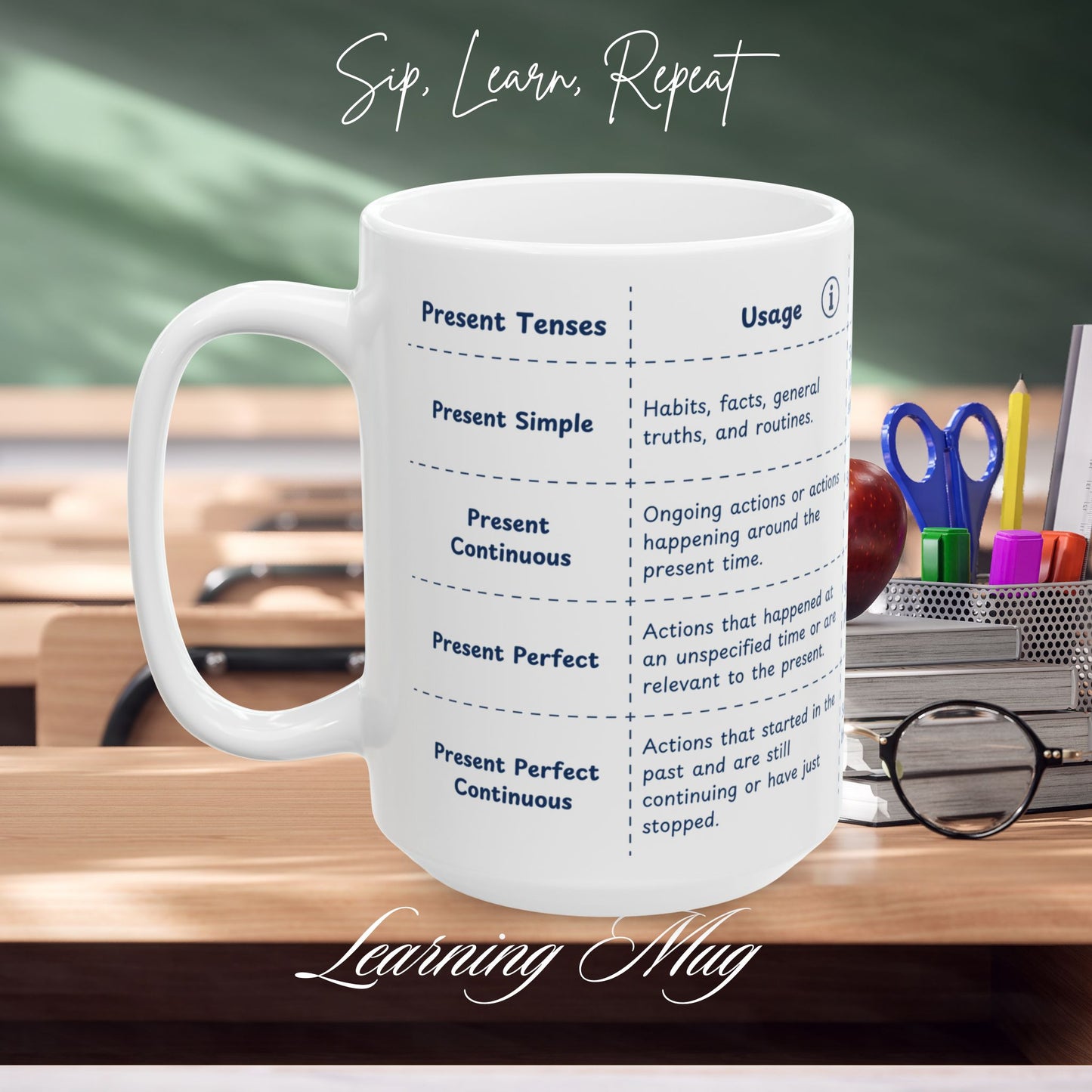 Present Tenses Learning Mug, English Grammar Mug (11oz, 15oz)