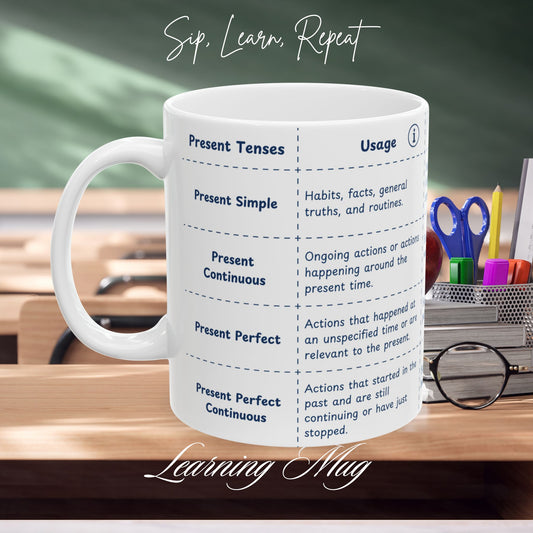 Present Tenses Learning Mug, English Grammar Mug (11oz, 15oz)