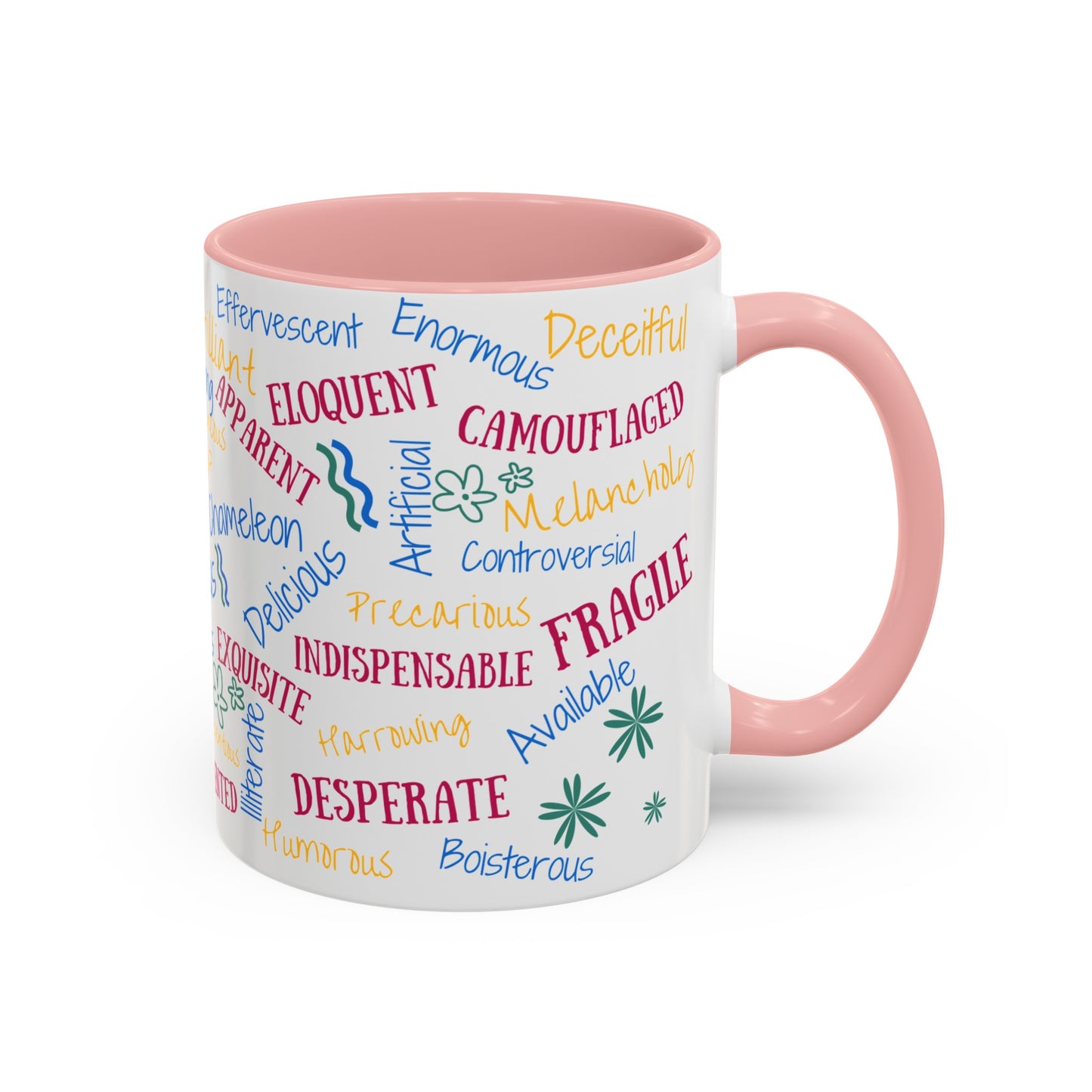 50 English Adjectives Learning Coffee Mug (11, 15oz), English vocabulary and spelling learning.