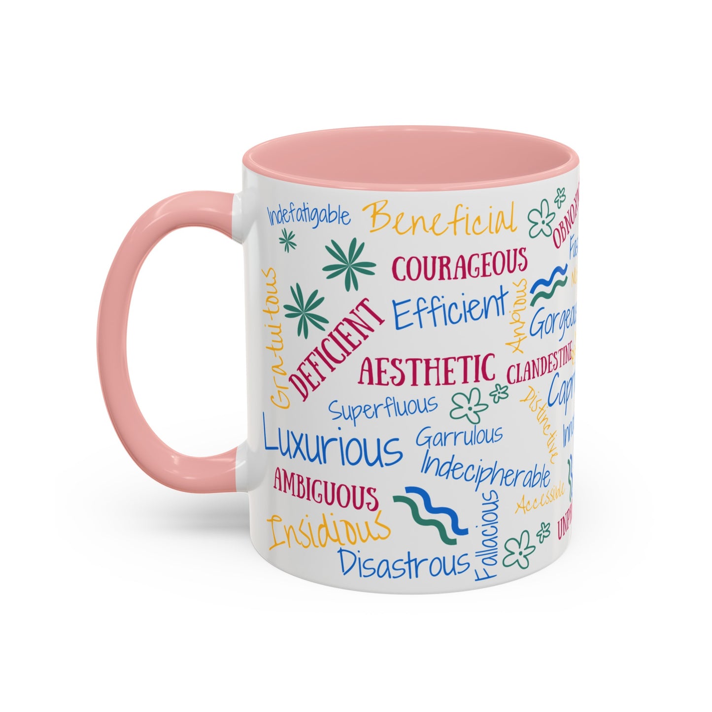 50 English Adjectives Learning Coffee Mug (11, 15oz), English vocabulary and spelling learning.