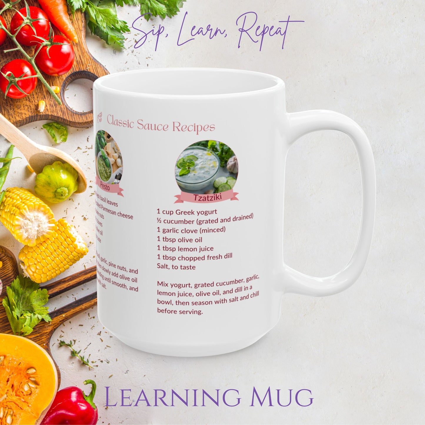 Classic Sauce Recipes Ceramic Mug – Learn to Make Hollandaise, Pesto, Béchamel & Tzatziki