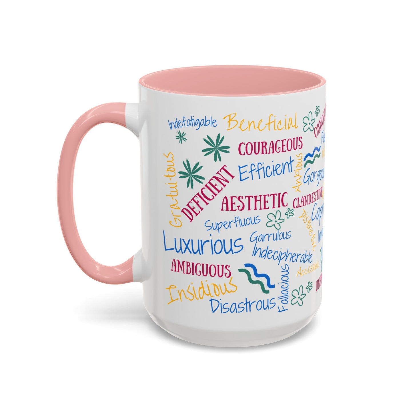 50 English Adjectives Learning Coffee Mug (11, 15oz), English vocabulary and spelling learning.