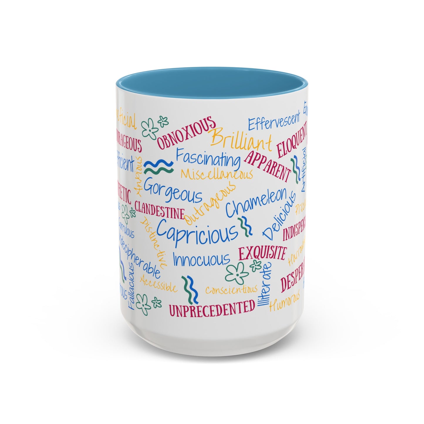 50 English Adjectives Learning Coffee Mug (11, 15oz), English vocabulary and spelling learning.