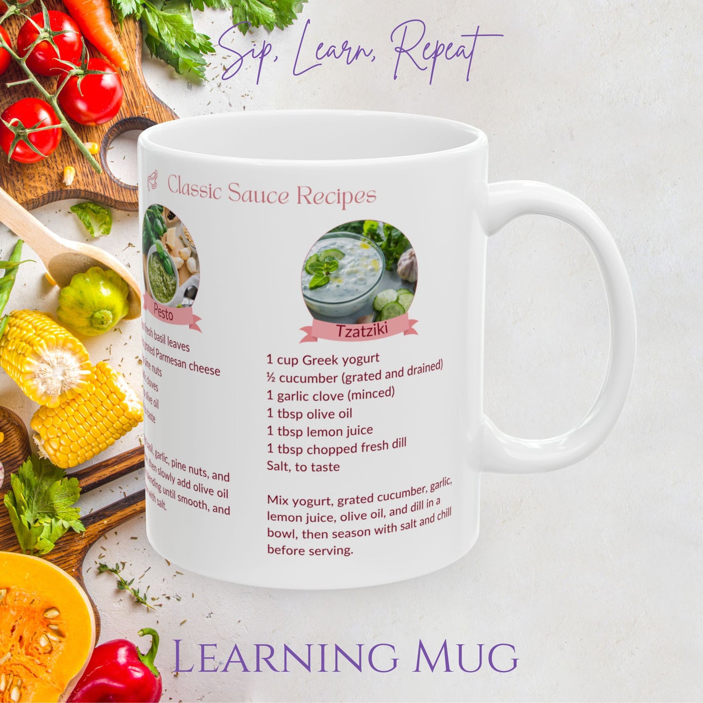 Classic Sauce Recipes Ceramic Mug – Learn to Make Hollandaise, Pesto, Béchamel & Tzatziki