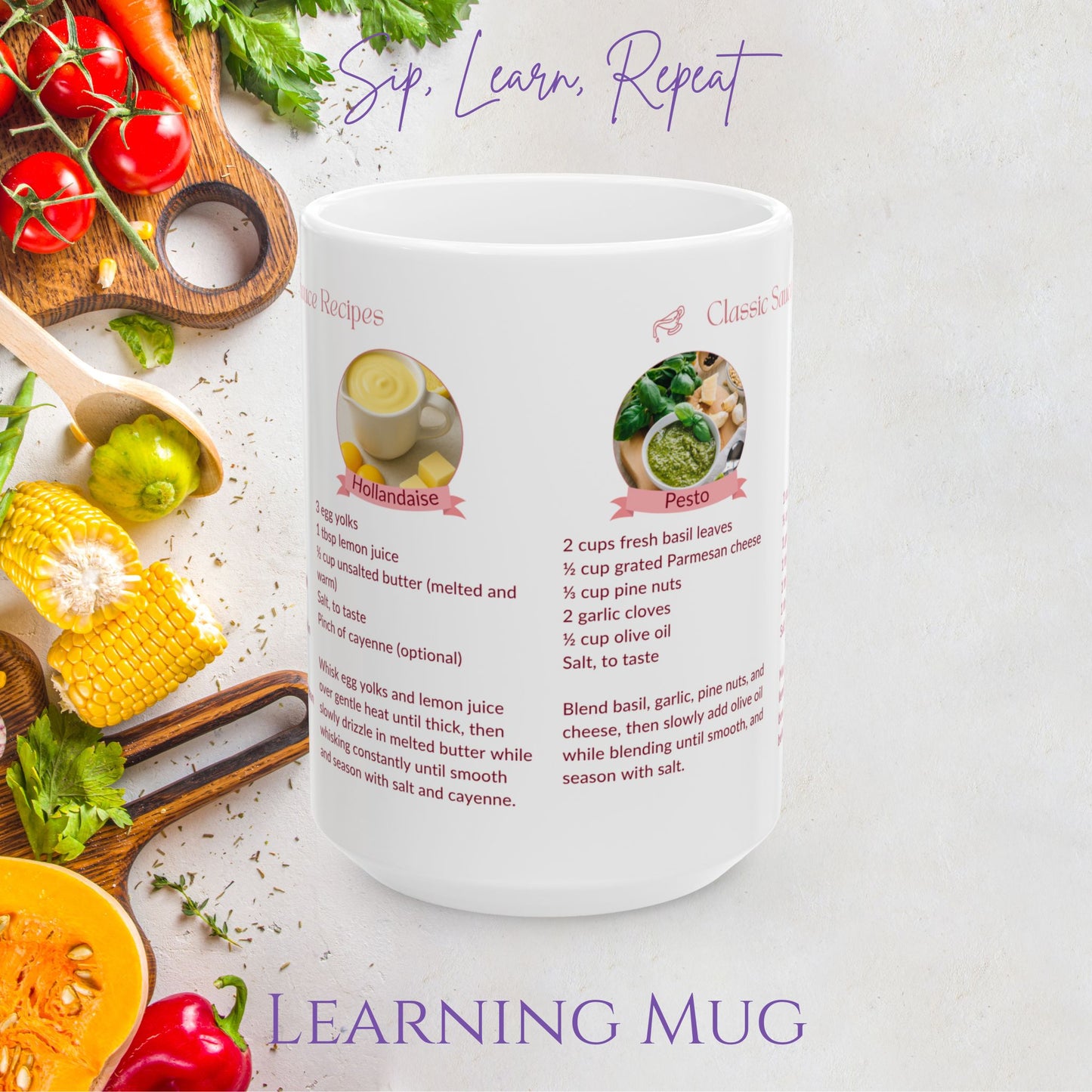 Classic Sauce Recipes Ceramic Mug – Learn to Make Hollandaise, Pesto, Béchamel & Tzatziki