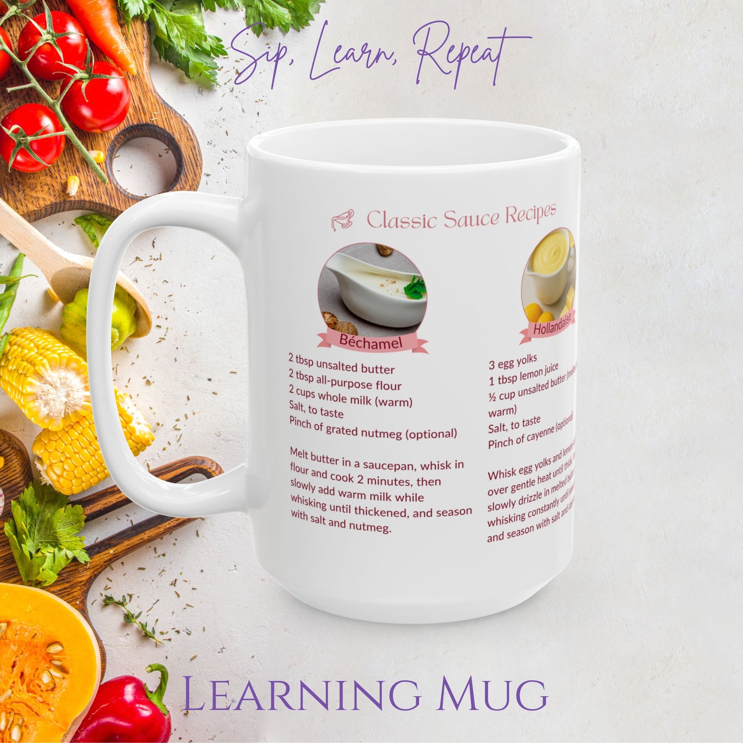 Classic Sauce Recipes Ceramic Mug – Learn to Make Hollandaise, Pesto, Béchamel & Tzatziki